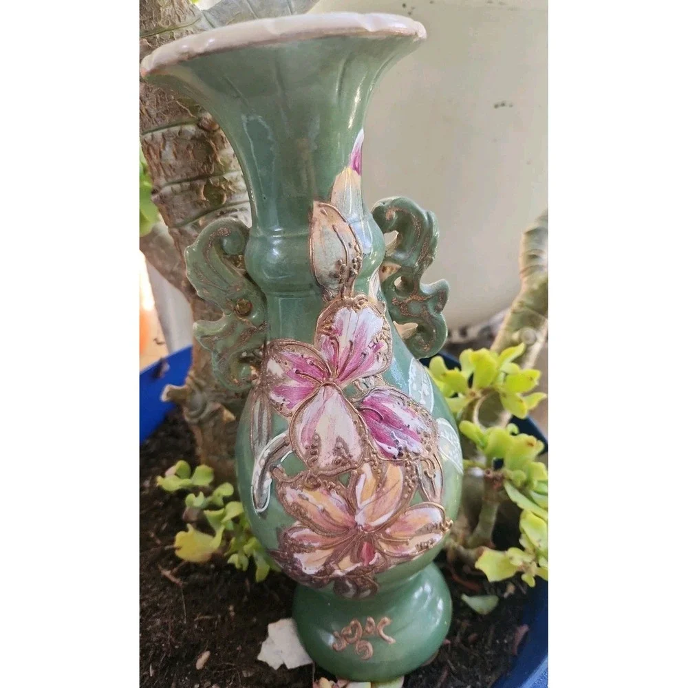 Vtg Japanese Moriage Satsuma Vase Double Handle Green Pink Floral Gold Guilt 10